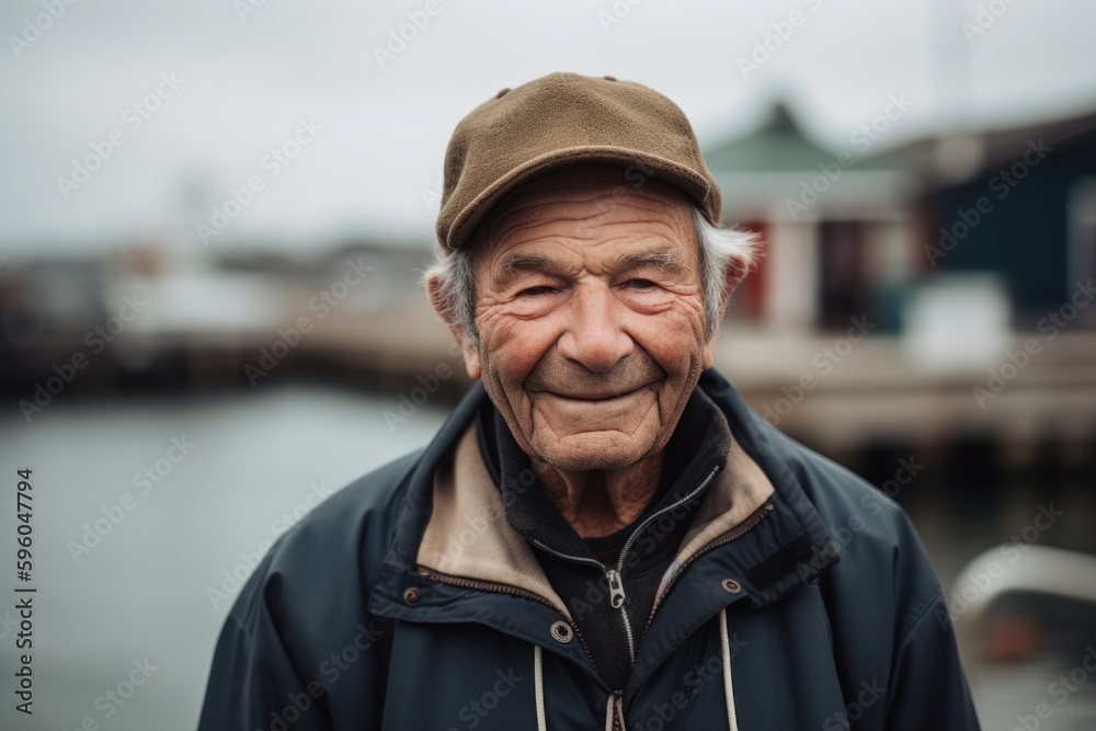Portrait of an elderly man in a cap on the pier. Portrait of an elderly man in a cap on the pier.