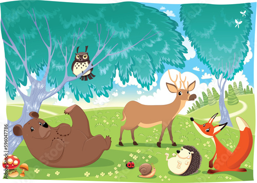 Animals in the wood. Funny cartoon and vector illustration