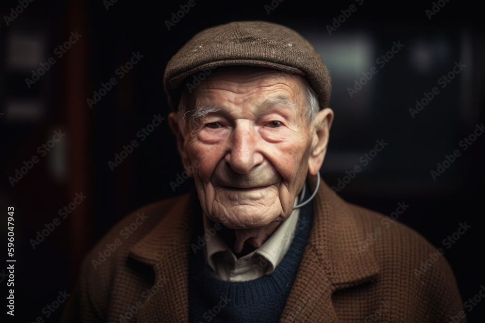 Portrait of an elderly man in a cap and coat looking at the camera