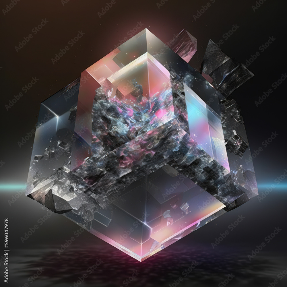 Modern digital abstract art of glassy geometric transparent cubic shape ...
