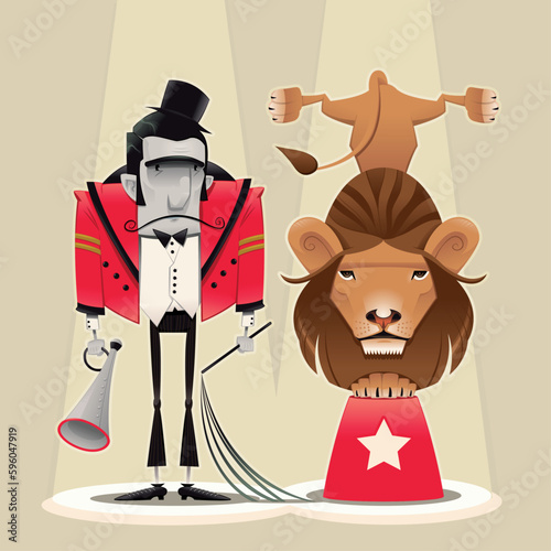 Lion Tamer with lion. Funny cartoon and vector circus illustration.