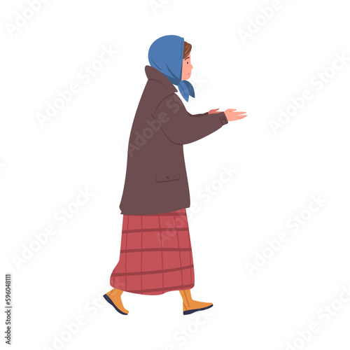 Homeless or refugee woman needing help and food. Hungry woman begging for food vector illustration