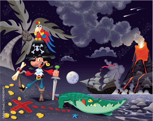 Pirate on the island in the night. Funny cartoon and vector scene.