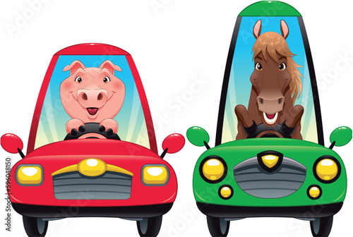 Animals in the car: Pig and Horse. Funny cartoon vector isolated characters.