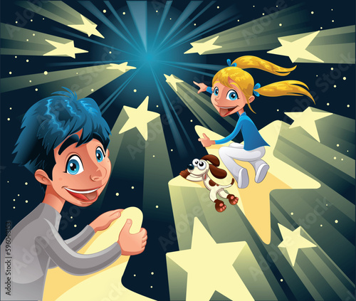 Intergalactic journey on the stars. Funny cartoon and vector illustration