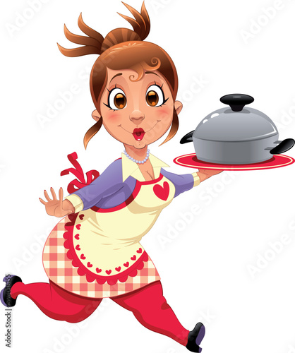 Housewife with pot. Funny cartoon and vector character.