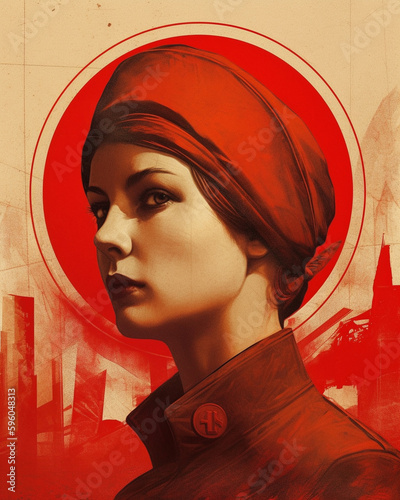 Patriotic style propaganda poster art from Soviet era, showcasing heroic socialist figures.