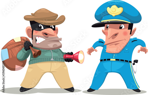 Thief and guard. Funny cartoon and vector isolated characters.