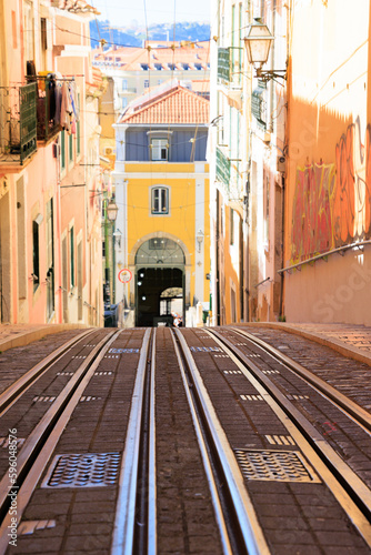 Lisboa famous street with railway- tram, funicular attraction- Portugal