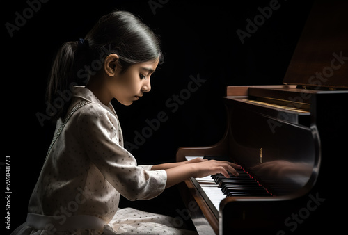 The girl plays the piano in a music studio. Music school concept. Generative ai