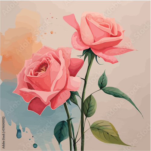 Beautiful framed with rose, ultra detailed vector floral illustration, soft pastel colors
