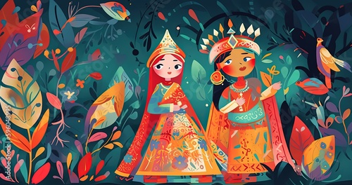cute fairytale children book style illustration character art  cute princesses walking in jungle  Generative Ai