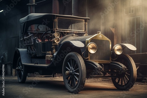 Steam-powered old vehicle parked on rustic wooden surface. Generative AI © Hakeem