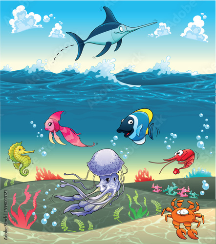 Under the sea with fish and other animals. Funny cartoon and vector illustration.