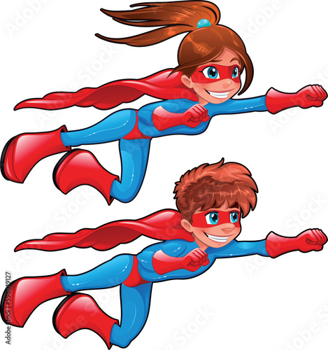 Young superheroes. Funny cartoon and vector characters. Isolated objects