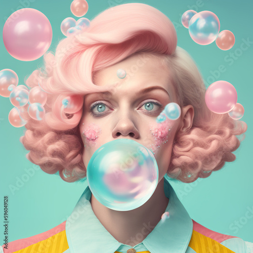 Illustrated portrait of a young blonde girl chewing pink gum and making bubble gum balloons. Illustration. Generative AI