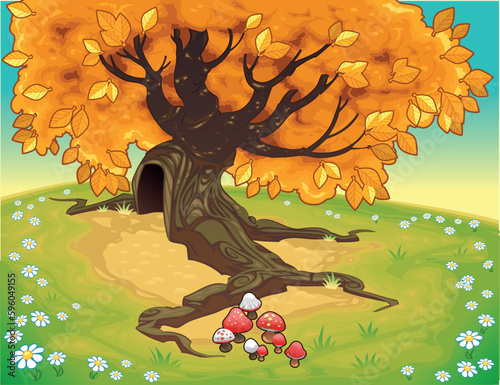Tree in autumnal landscape. Vector coloured illustration