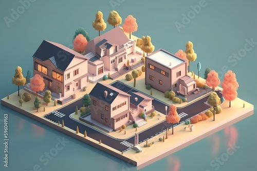 suburban area with cozy houses 3d model isometric