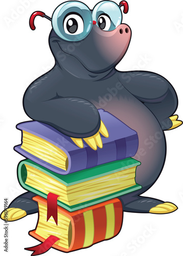 Mole with books. Funny cartoon and vector isolated character