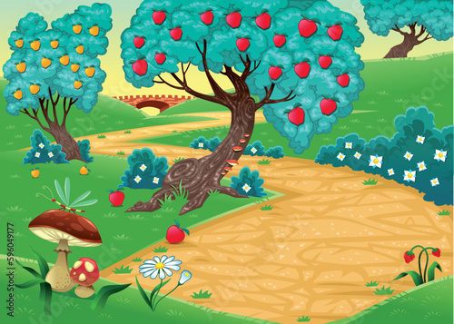 Wood with fruit trees. Funny cartoon and vector illustration