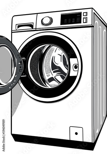 A washing machine with its door open, revealing the inner workings of the machine, vector illustration.