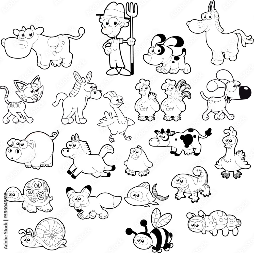 Farm animal family. Vector isolated black and white characters.