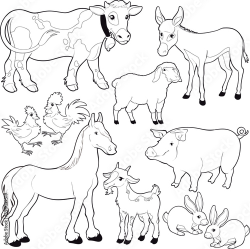 Farm animals. Vector and cartoon isolated black white characters.