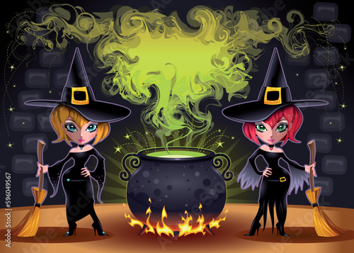 Funny witches with pot. Cartoon and vector illustration.  Proportions in A3 - A4 - 50x70