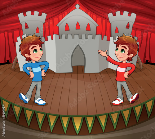 Принти на полотні Twins are acting on the stage. Vector and cartoon illustration.