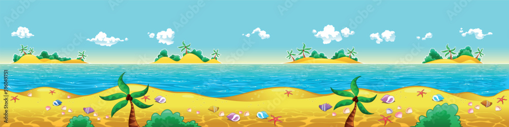 Seashore and ocean. Vector illustration with measures: 6144x1536 pixels, adaptable to iPad screen. The sides repeat seamlessly for a possible, continuous animation.