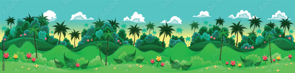 Green forest. Vector illustration with measures: 6144x1536 pixels, adaptable to iPad screen. The sides repeat seamlessly for a possible, continuous animation.