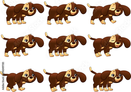 Dog walking animation. Cartoon vector isolated objects.  Separate layers: Head, Ears, Body1, Body2, Tail, Front Leg x 2, Rear Leg x 2, Paws x 4