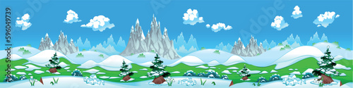 Landscape with snow and mountains. Vector illustration with measures: 6144x1536 pixels, adaptable to iPad screen. The sides repeat seamlessly for a possible, continuous animation.