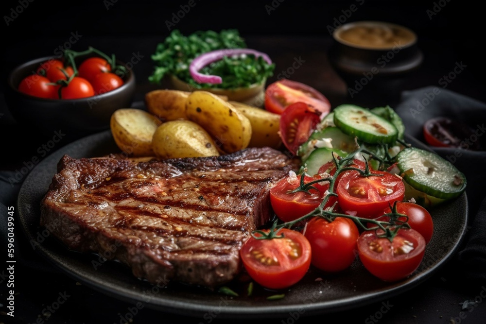 Sirloin steak grilled with potatoes, veggies, and a side of tomato salad. Generative AI