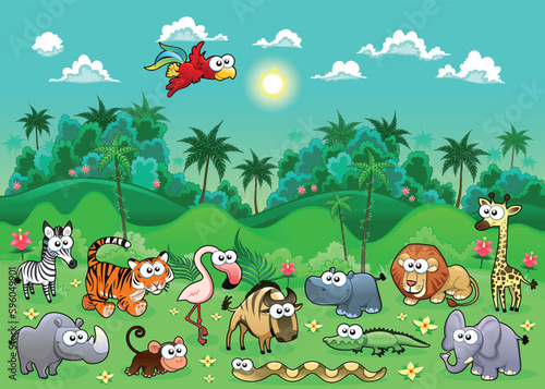 Jungle Animals. Funny cartoon and vector illustration.