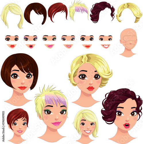 Fashion female avatars. 6 hairstyles, 6 eyes, 6 mouths, 1 head, for multiple combinations. In this image, some previews. Vector file, isolated objects.