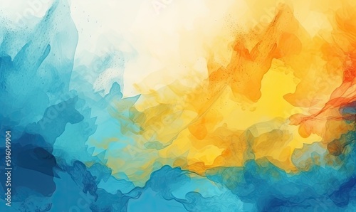 Fototapeta Naklejka Na Ścianę i Meble -  Watercolor background, yellow desktop wallpaper blue abstract design, generative AI