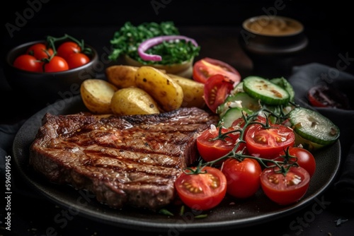 Sirloin steak grilled with potatoes, veggies, and a side of tomato salad. Generative AI