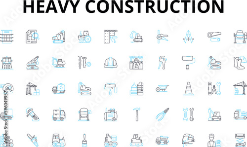 Heavy construction linear icons set. Excavation, Bulldozer, Grader, Crane, Backhoe, Trencher, Roller vector symbols and line concept signs. Paver,Dumptruck,Excavator illustration