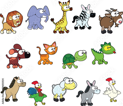 Group of funny animals. Vector, cartoon isolated characters.