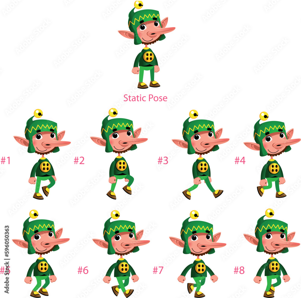 Animation of Dwarf walking. Eight walking frames + 1 static pose. Vector cartoon isolated character/frames.