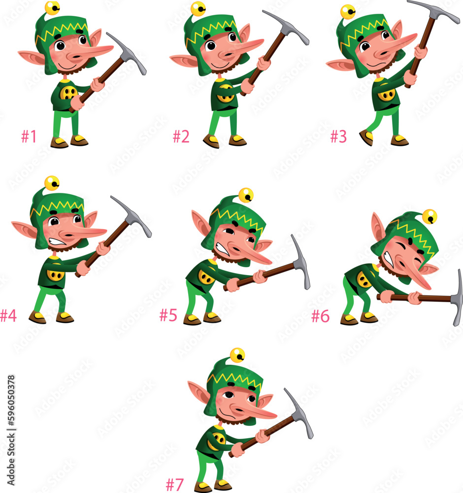 Animation of Dwarf digging. Seven frames, in loop. Vector cartoon isolated character/frames.