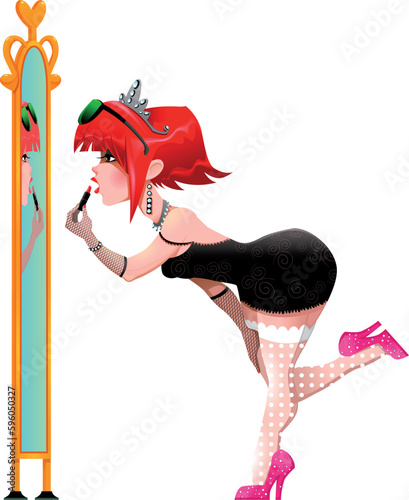 Woman is coloring her lips. Funny cartoon and vector isolated illustration