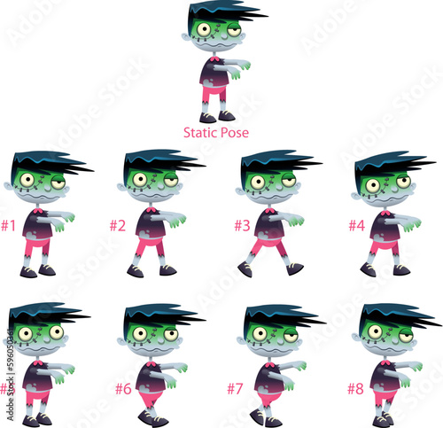 Animation of Zombie walking. Eight walking frames + 1 static pose. Vector cartoon isolated character/frames.