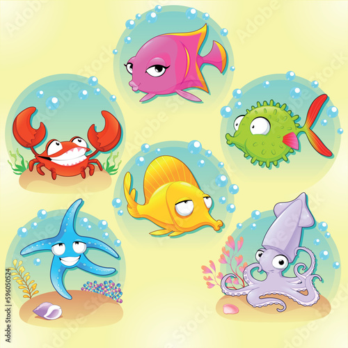 Funny sea animals. Vector cartoon characters with backgrounds.
