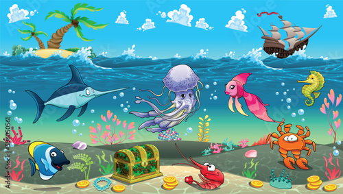 Funny scene under the sea. Vector cartoon illustration