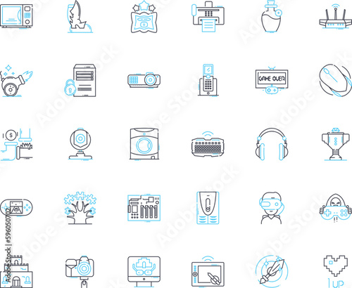 Interactive entertainment industry linear icons set. Gaming, Streaming, Virtual, Augmented, Reality, Immersive, eSports line vector and concept signs. Gamification,Animation,Characters outline