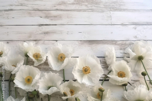 White poppies on old wooden background. Generative ai