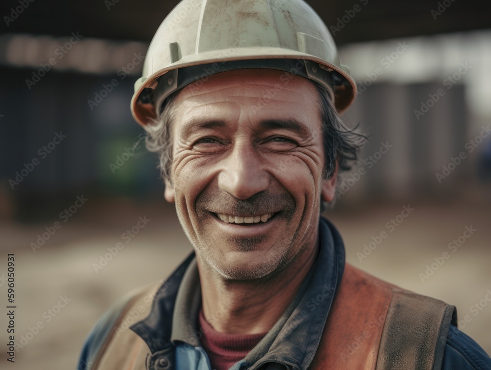 Smiling builder in hard hat at a construction site. Smiling builder in hard hat at a construction site.