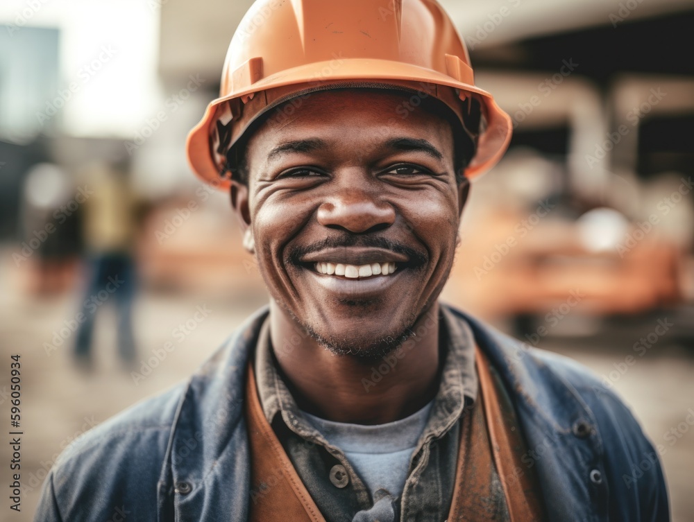 Smiling builder in hard hat at a construction site. Smiling builder in hard hat at a construction site.